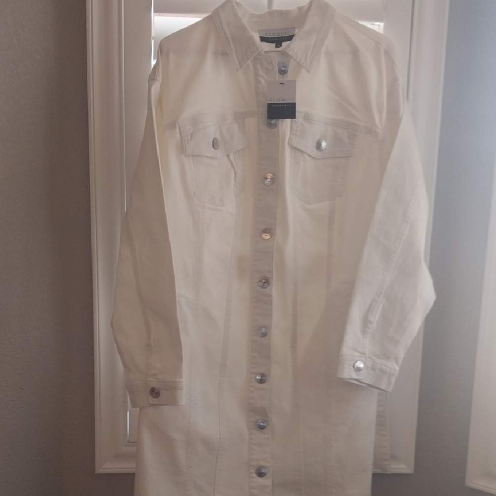 Eloquii White Long Sleeve Buttoned Dress with Mandarin Collar